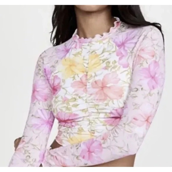 LoveShackFancy Tops - LoveShackFancy X Hurley Womens Rash Guard Swim Crop Top Hawaiian Hibiscus Large